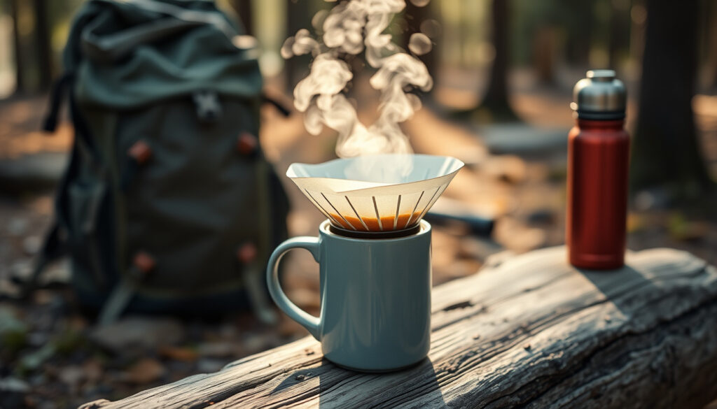 Pienet kahvinsuodattimet mukien päällä leiripöydällä metsäretkeilyreppujen vieressä aamulla valmistuvaa pour over -kahvia varten.