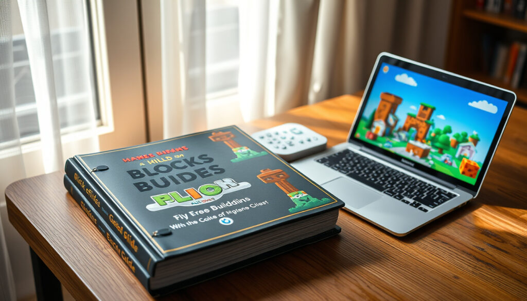 Kaksi kovakantista Minecraft-aiheista opaskirjaa puisen pöydän päällä kannettavan tietokoneen vieressä lukunurkkauksessa