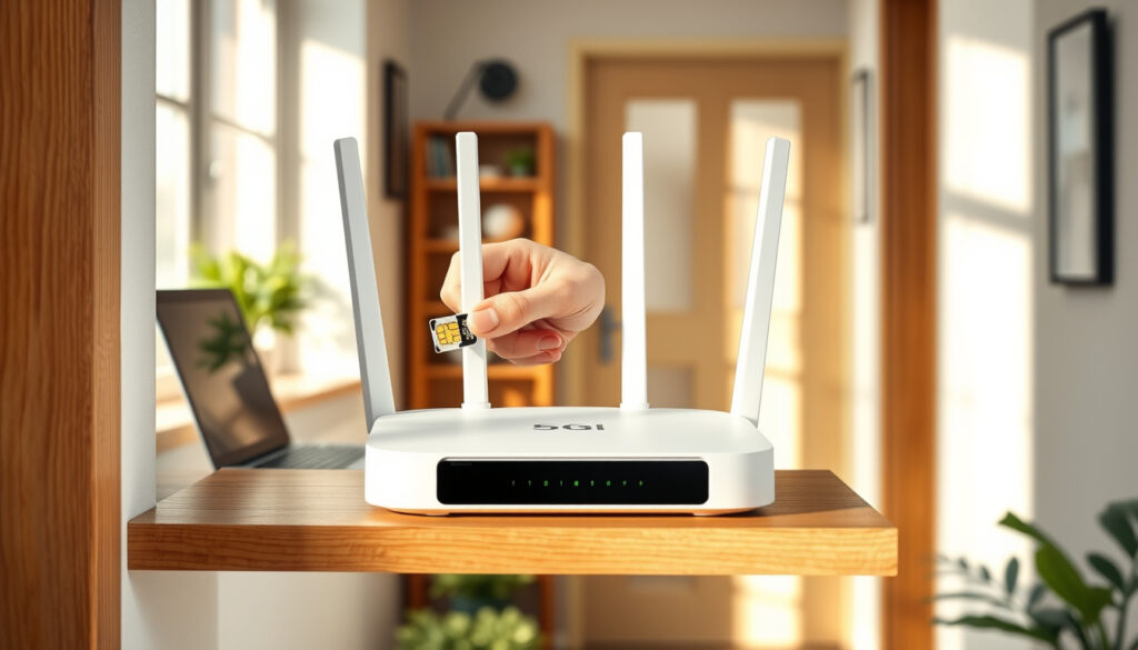 5G-reititin SIM-kortilla kotin sisätiloissa, kun käsi asettaa nano-SIM-kortin paikalleen