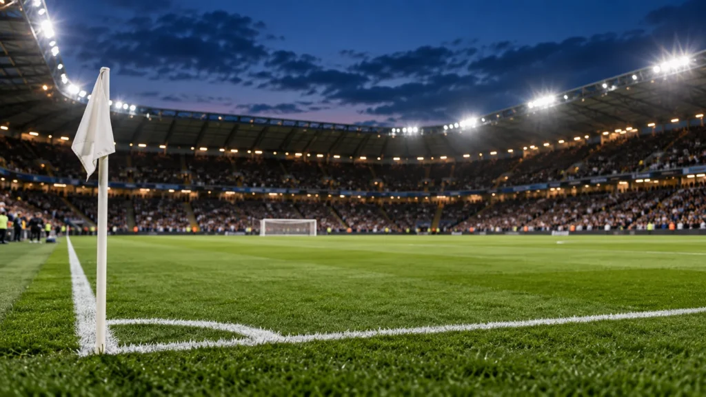 Jalkapallokenttä stadionin iltavalaistuksessa