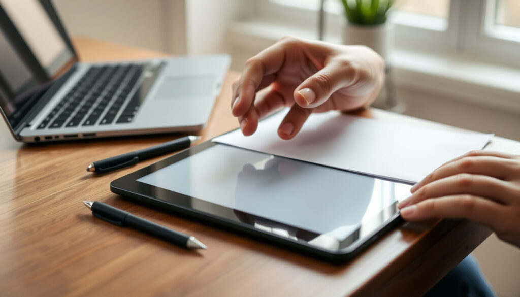 Pöydällä sivussa oleva tabletti, jonka vieressä stylus-kynä ja läppäari, kodin lukunurkkauksessa valaistuna.