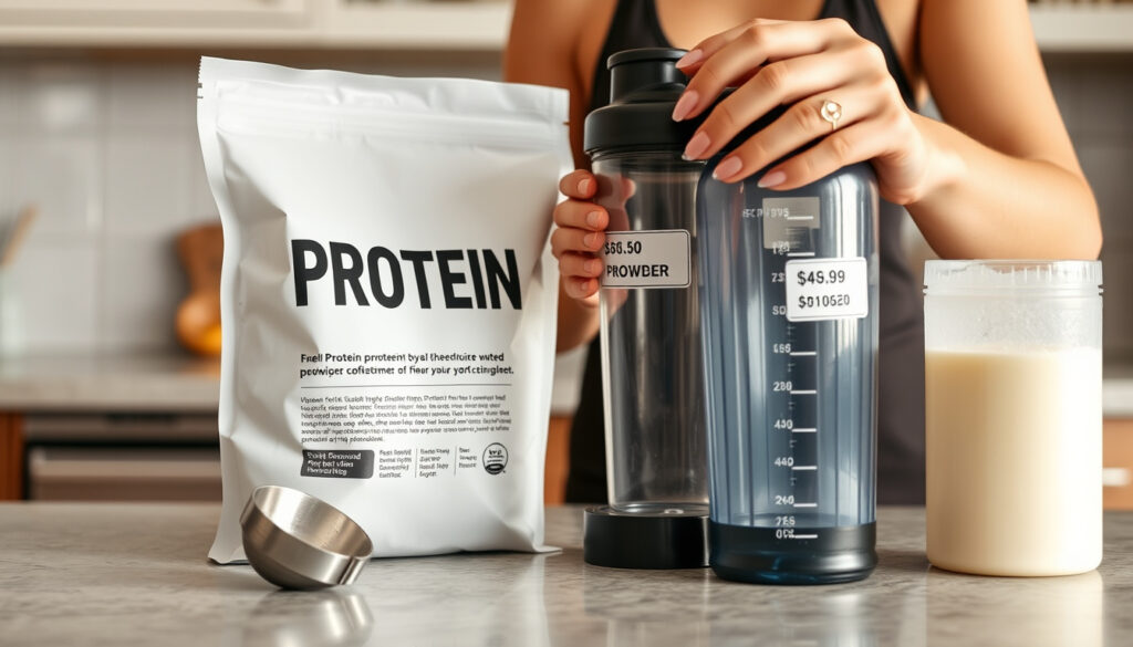 Keittiön tasolla avattu proteiinijauhepakkaus, mittalusikka ja shaker-pullo – editorinen kuva alennustuotteiden vertailusta