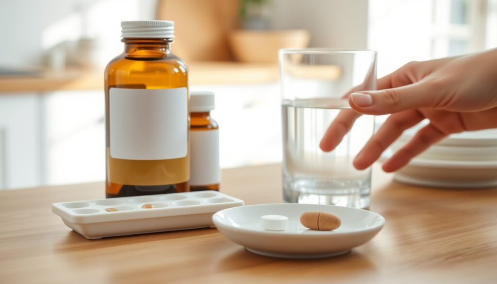 Kaksi merkätöntä B12-vitamiinipullon mallia pöydällä, niiden vieressä imeskeltävä ja nieltävä tabletti lautasella sekä lasi vettä.