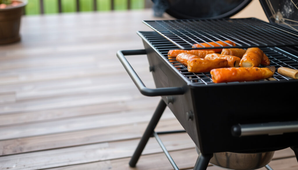 Tyylikäs metallinen hiilikaukalo asennettuna ulkona grillausta varten.