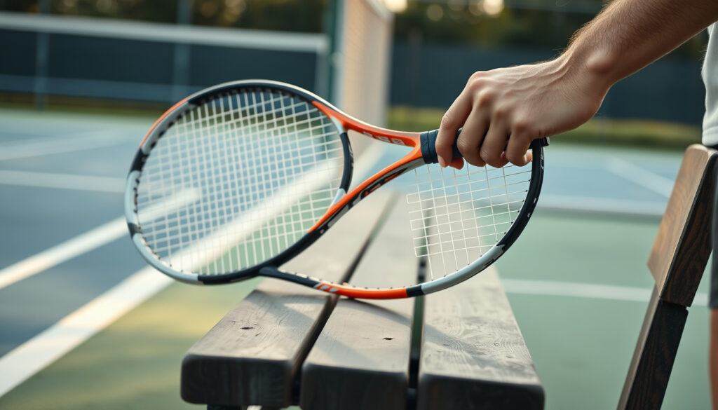 Tennismaila lepää penkillä tenniskentän vieressä, toista mailaa kädetään kahvan kokoa tarkistaen