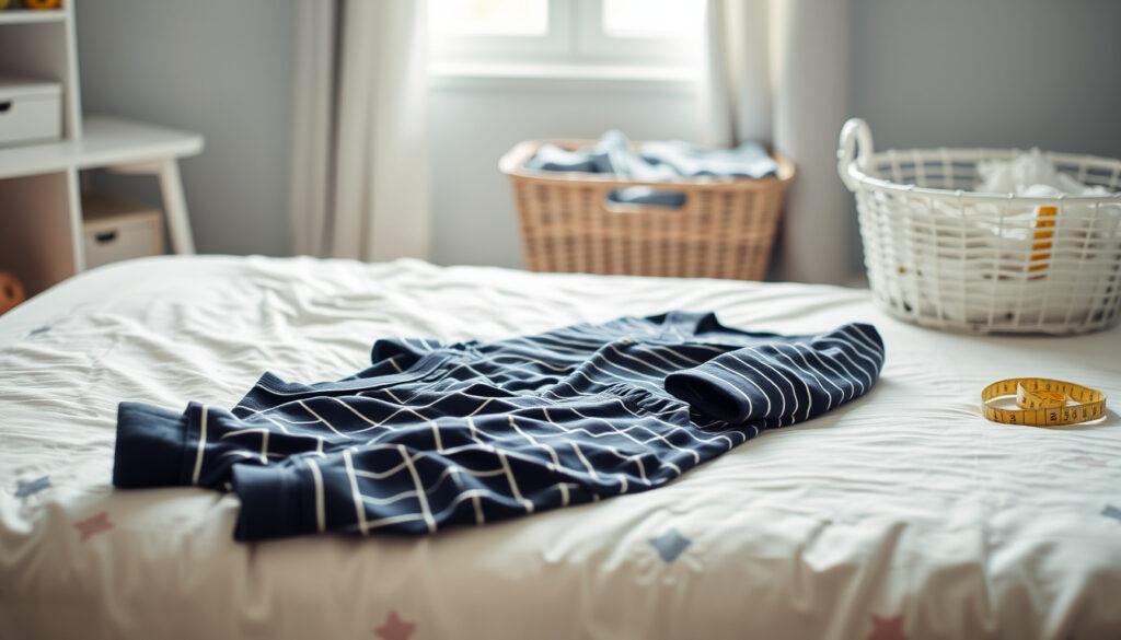 Taiteltu tummansininen raidallinen kaksiosainen lastenpyjama sängyllä lastenhuoneessa.