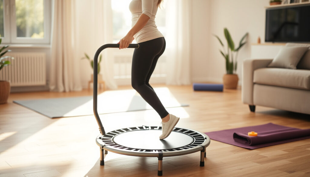 Henkilö treenaa kotona matalia pomppuja pienellä fitness-trampoliinilla kahvan tukemana